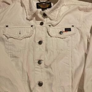 Harley Davidson, white denim jacket with frayed trim size medium vintage 2002